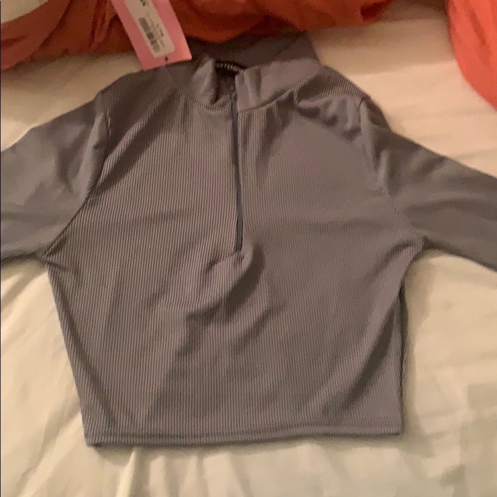 Amaka Blue Zip Up Long Sleeve Ribbed Crop Top